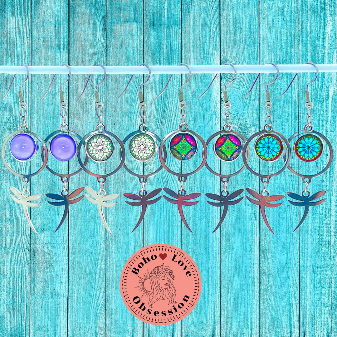 Rainbow Jade Dragonfly Earrings, Pink Green Drop Dangle Ear Charm, Nature-inspired Accessory, Stainless Steel Boho Hippie Festival Wear