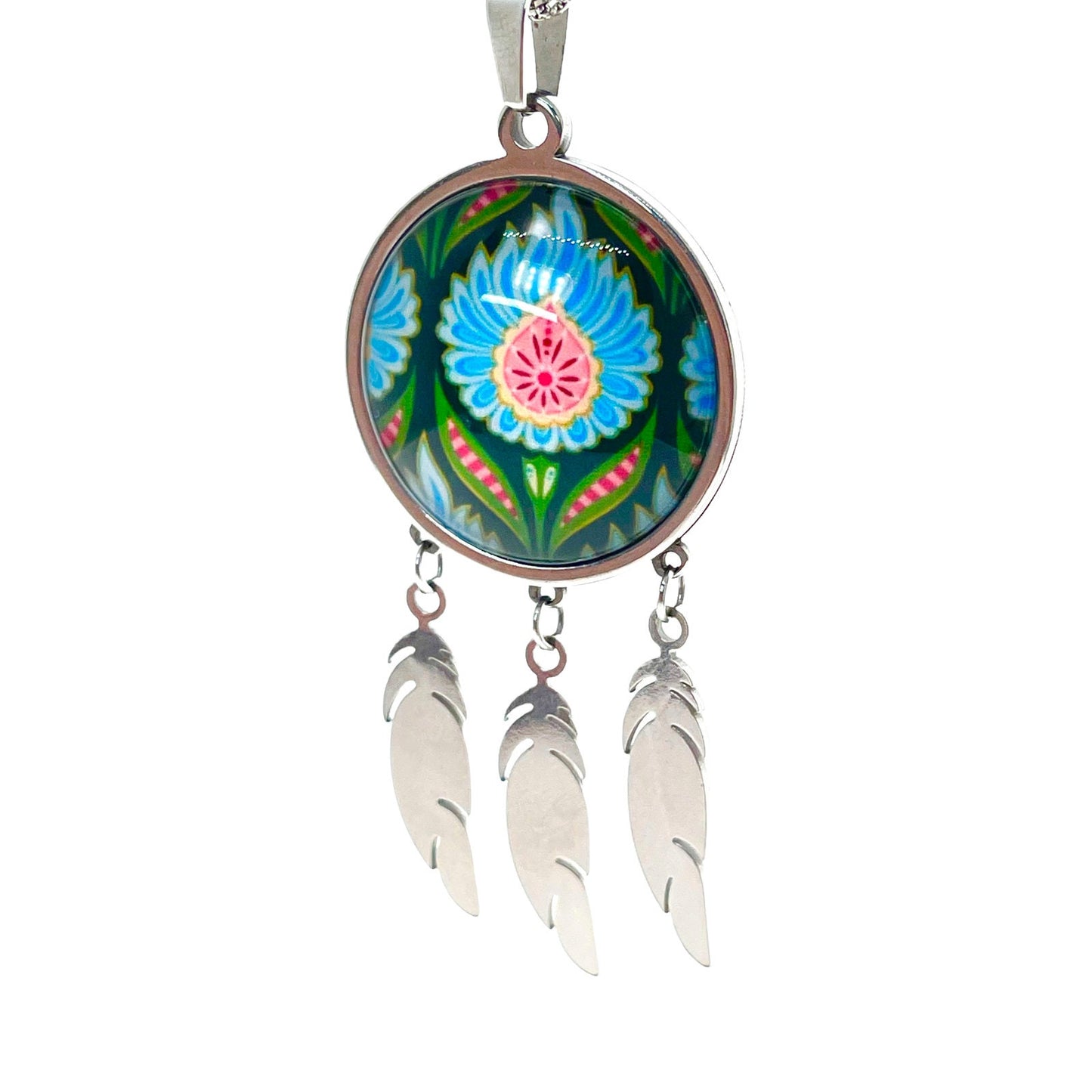 Blue Fuzzy Flower Feather Dreamcatcher Necklace, Big Green Floral Charm, Unique Bohemian Chic Jewelry, 1960s Boho Hippie Accessory