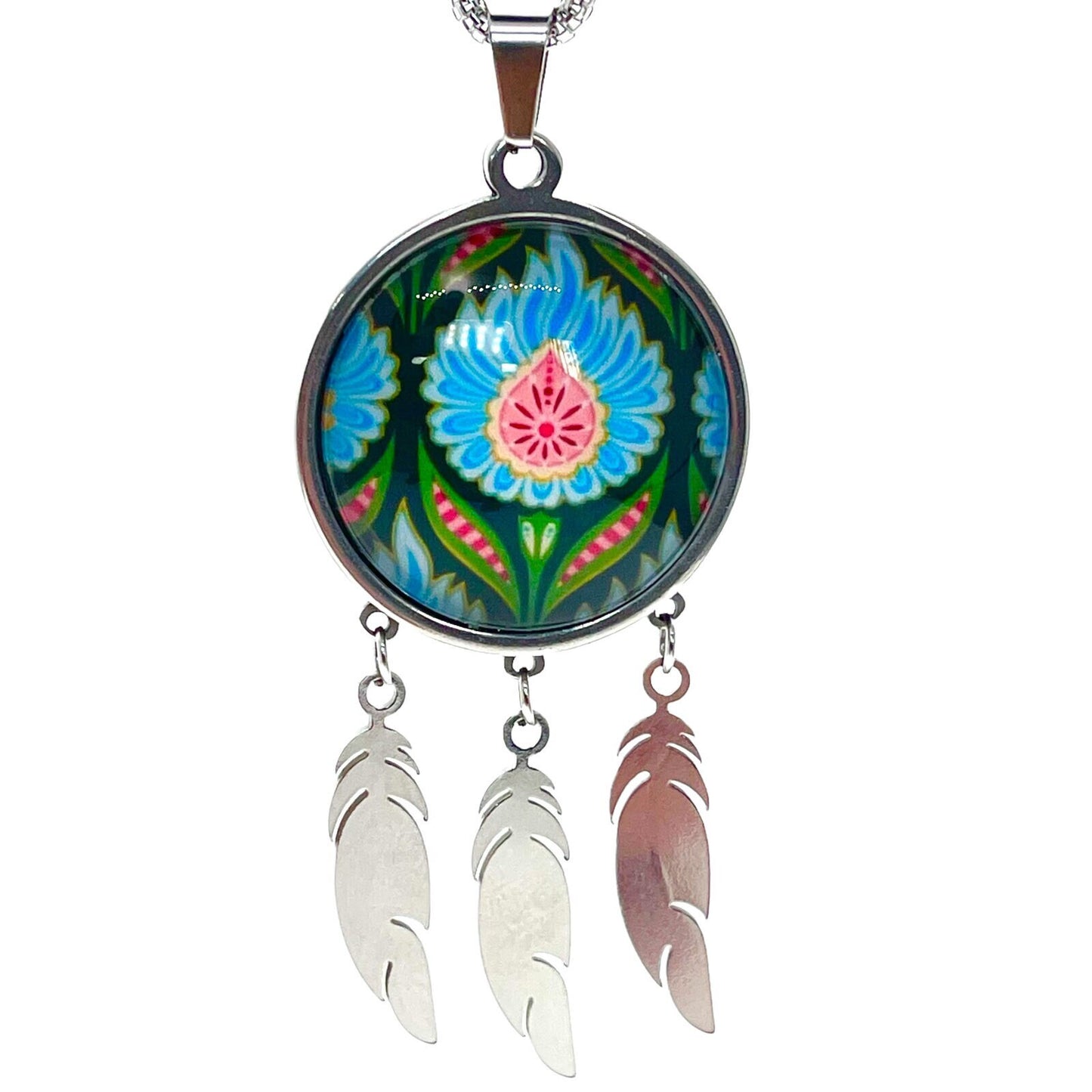 Blue Fuzzy Flower Feather Dreamcatcher Necklace, Big Green Floral Charm, Unique Bohemian Chic Jewelry, 1960s Boho Hippie Accessory