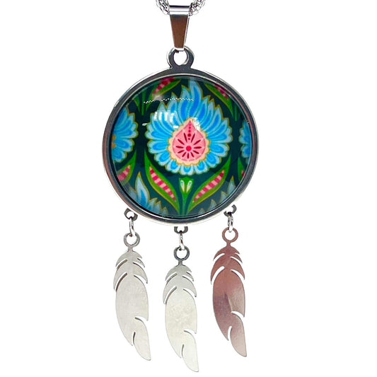 Blue Fuzzy Flower Feather Dreamcatcher Necklace, Big Green Floral Charm, Unique Bohemian Chic Jewelry, 1960s Boho Hippie Accessory