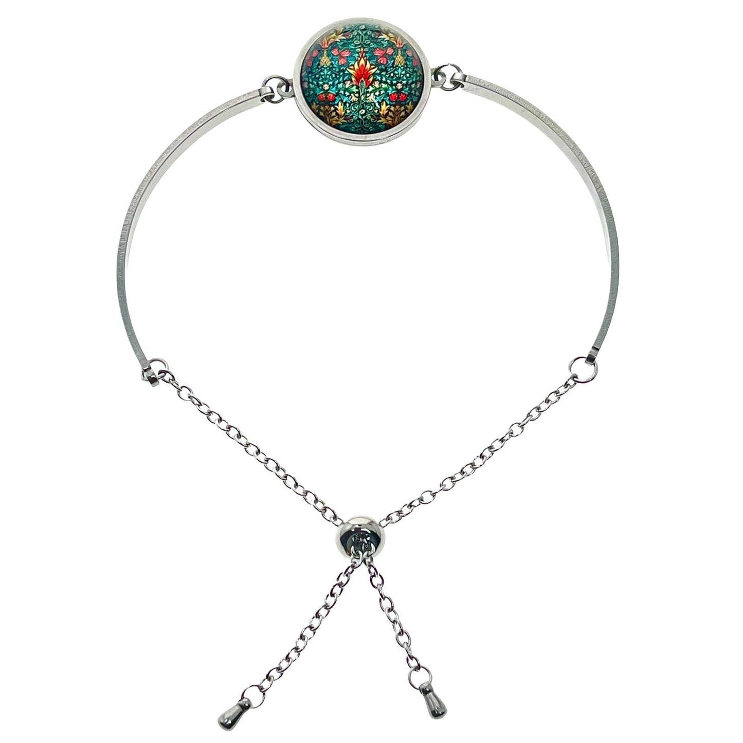 Emerald Forest Slider Bead Bracelet, Sliding Bead Bangle, Floral Hippie Boho Wristlet, Bohemian Jewelry, Stainless Steel Accessory