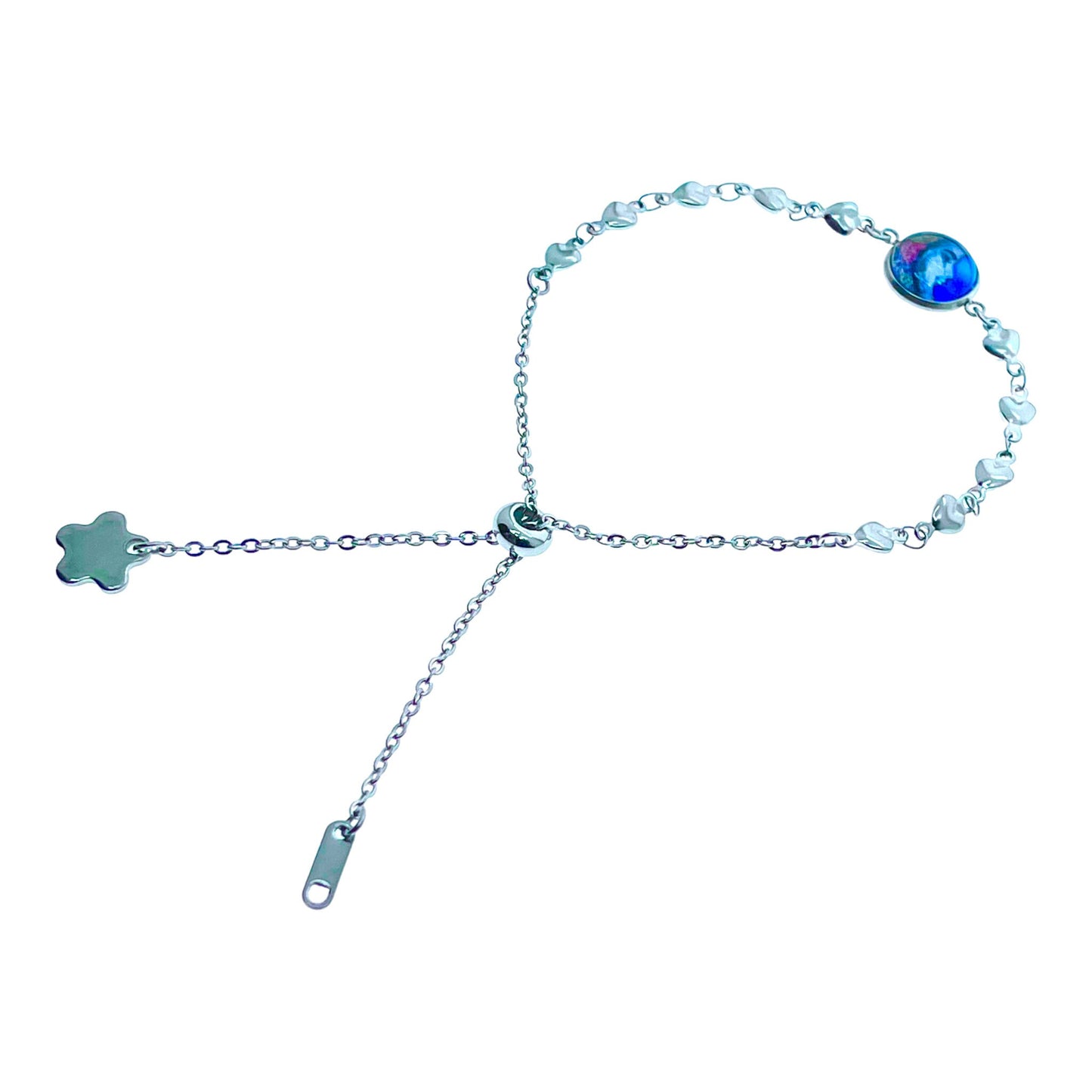 BlueBella Crescent Heart Slider Bracelet, Moon Jewelry, Celestial Star Mystical Accessory, Adjustable Bangle, Photo Glass Charm