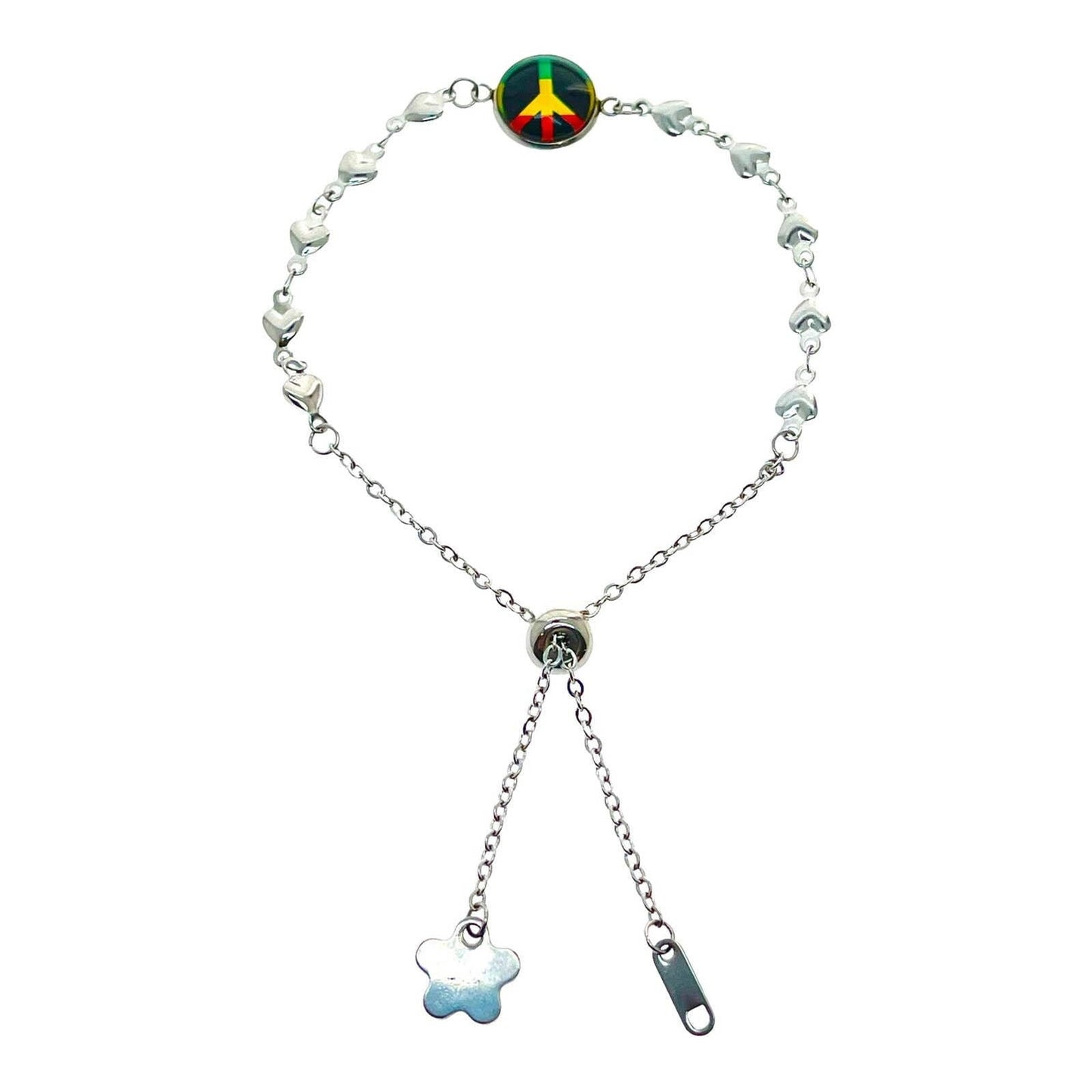 Rasta Peace Heart Slider Bracelet, Adjustable Stainless Steel Rastafarian Themed Wristlet, Boho Hippie Bohemian Accessory, Bob Marley