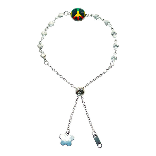 Rasta Peace Heart Slider Bracelet, Adjustable Stainless Steel Rastafarian Themed Wristlet, Boho Hippie Bohemian Accessory, Bob Marley