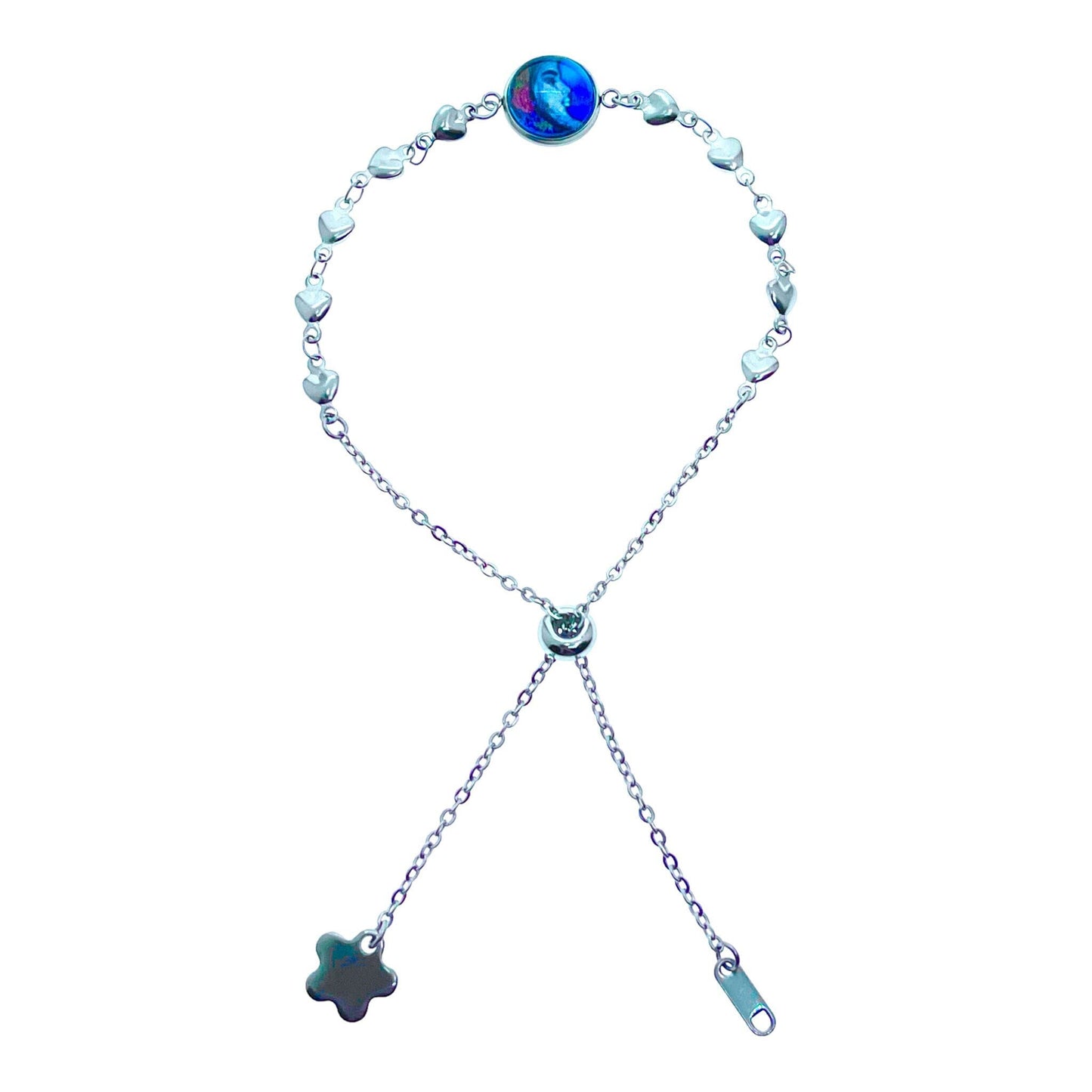 BlueBella Crescent Heart Slider Bracelet, Moon Jewelry, Celestial Star Mystical Accessory, Adjustable Bangle, Photo Glass Charm