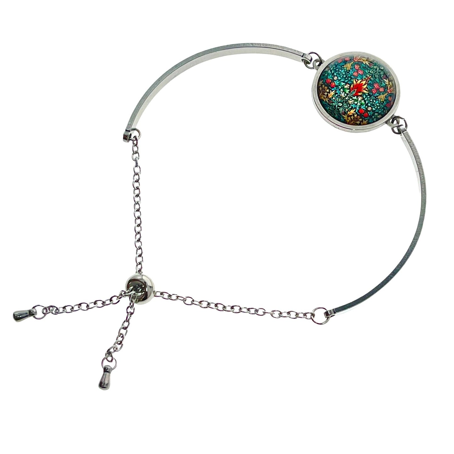 Emerald Forest Slider Bead Bracelet, Sliding Bead Bangle, Floral Hippie Boho Wristlet, Bohemian Jewelry, Stainless Steel Accessory