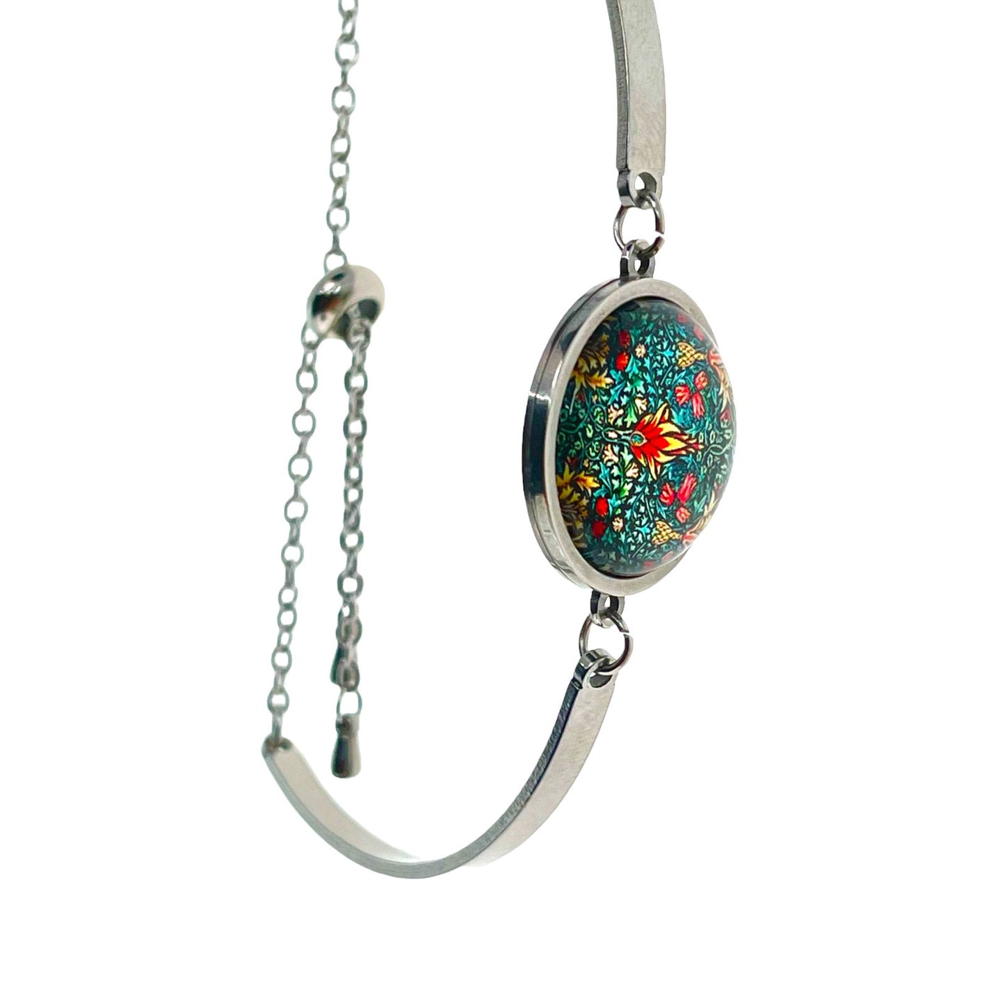 Emerald Forest Slider Bead Bracelet, Sliding Bead Bangle, Floral Hippie Boho Wristlet, Bohemian Jewelry, Stainless Steel Accessory