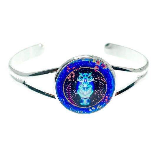 Ollie Owl Cuff Bracelet, Adjustable Hippie Wristlet, Boho Mystical Jewelry, Blue Bohemian Wrist Wrap with Art Glass Charm