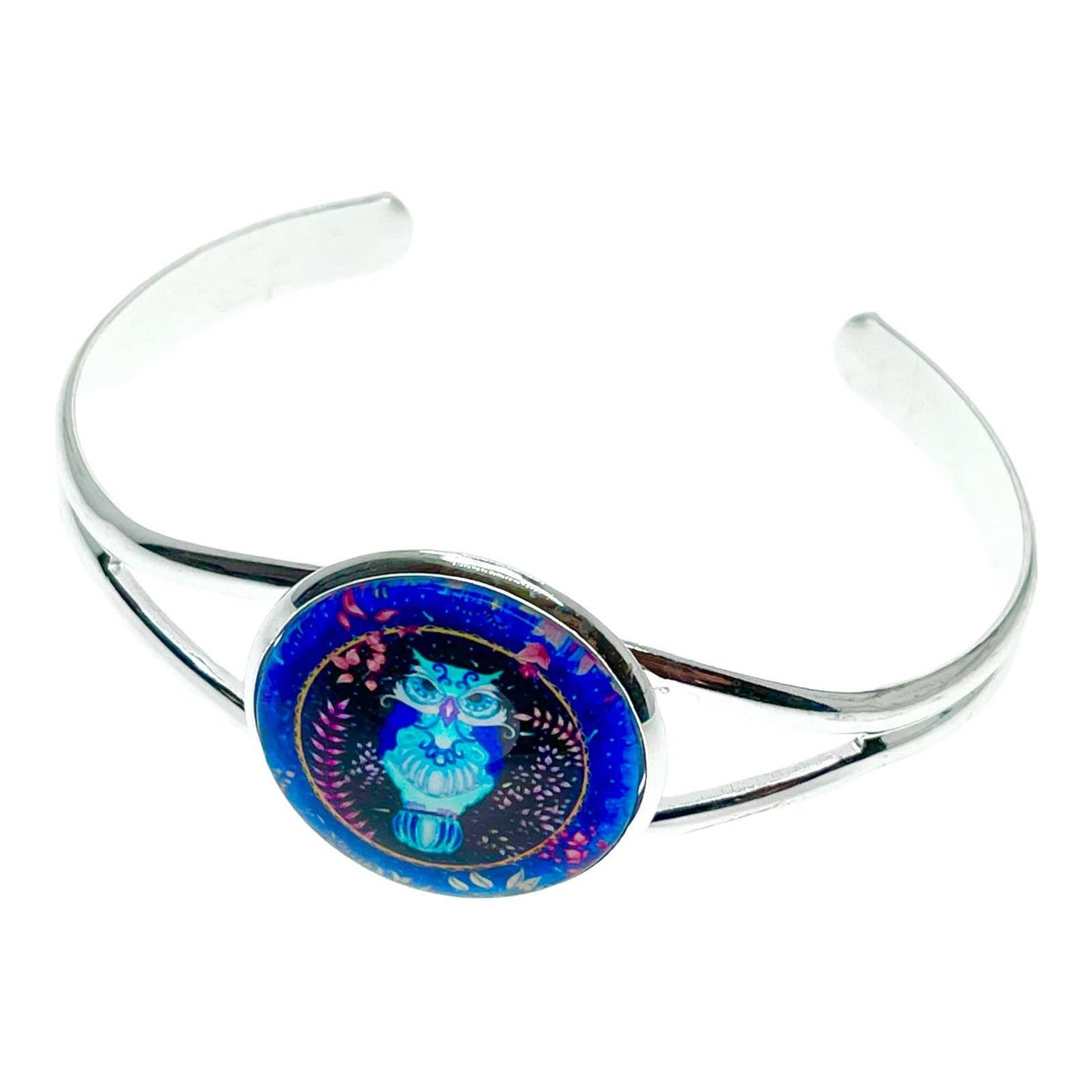 Ollie Owl Cuff Bracelet, Adjustable Hippie Wristlet, Boho Mystical Jewelry, Blue Bohemian Wrist Wrap with Art Glass Charm