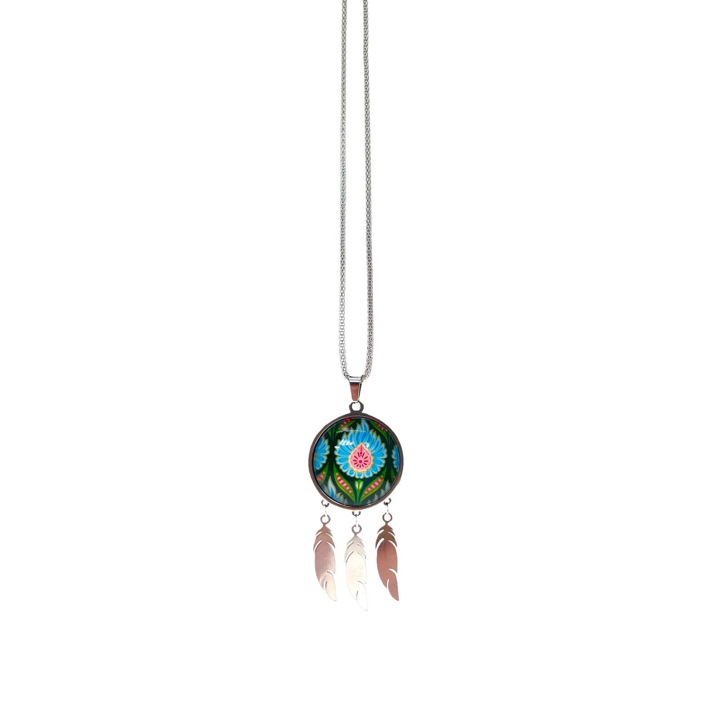 Blue Fuzzy Flower Feather Dreamcatcher Necklace, Big Green Floral Charm, Unique Bohemian Chic Jewelry, 1960s Boho Hippie Accessory
