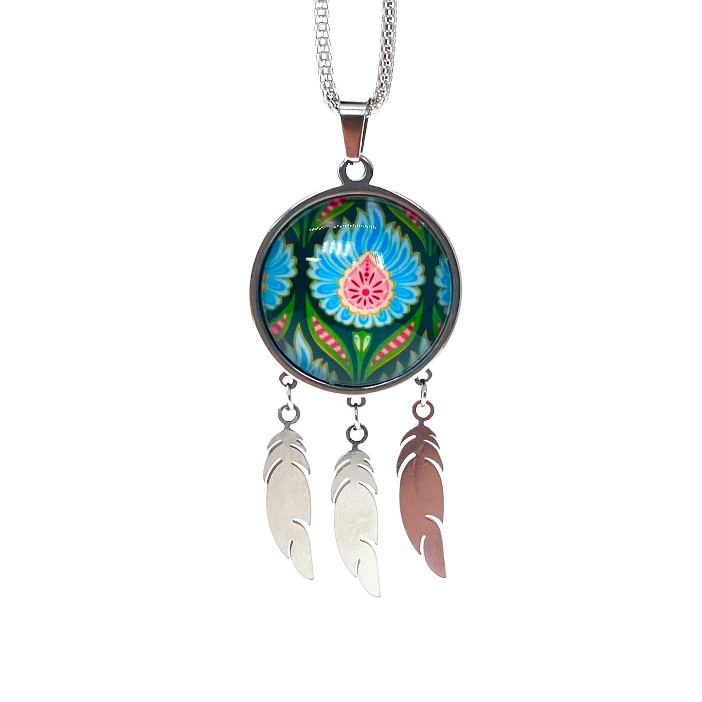 Blue Fuzzy Flower Feather Dreamcatcher Necklace, Big Green Floral Charm, Unique Bohemian Chic Jewelry, 1960s Boho Hippie Accessory