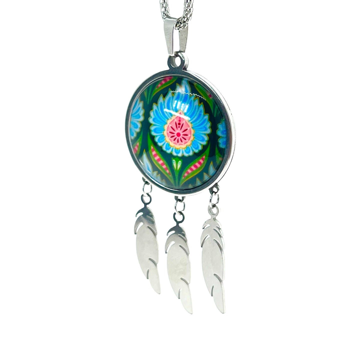 Blue Fuzzy Flower Feather Dreamcatcher Necklace, Big Green Floral Charm, Unique Bohemian Chic Jewelry, 1960s Boho Hippie Accessory