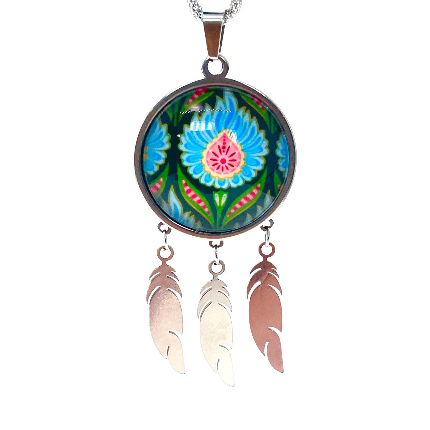 Blue Fuzzy Flower Feather Dreamcatcher Necklace, Big Green Floral Charm, Unique Bohemian Chic Jewelry, 1960s Boho Hippie Accessory