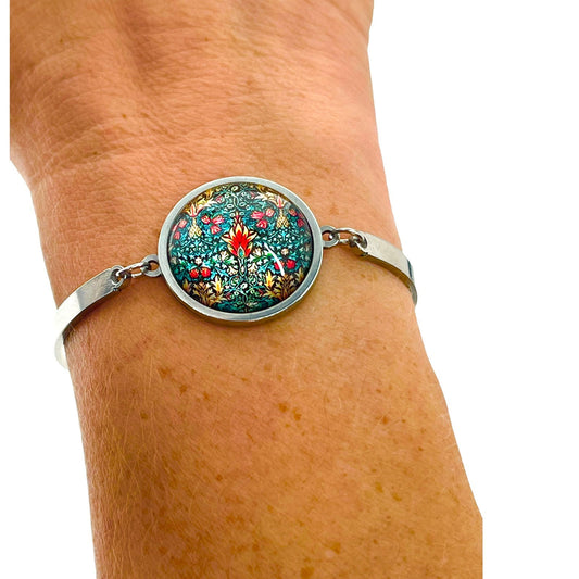 Emerald Forest Slider Bead Bracelet, Sliding Bead Bangle, Floral Hippie Boho Wristlet, Bohemian Jewelry, Stainless Steel Accessory