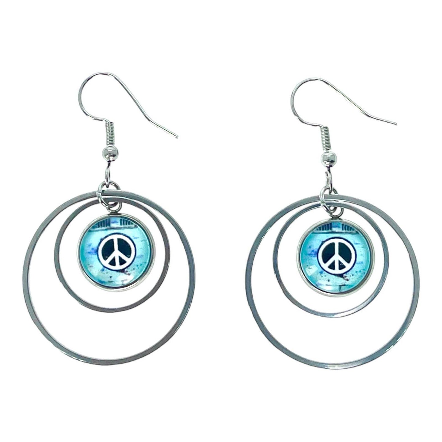 Pure Peace Double Hoop Earrings, Boho Hippie Jewelry, Bohemian Round Drop Dangles, Festival Wear, Blue Accessory, Peace Sign Hoops