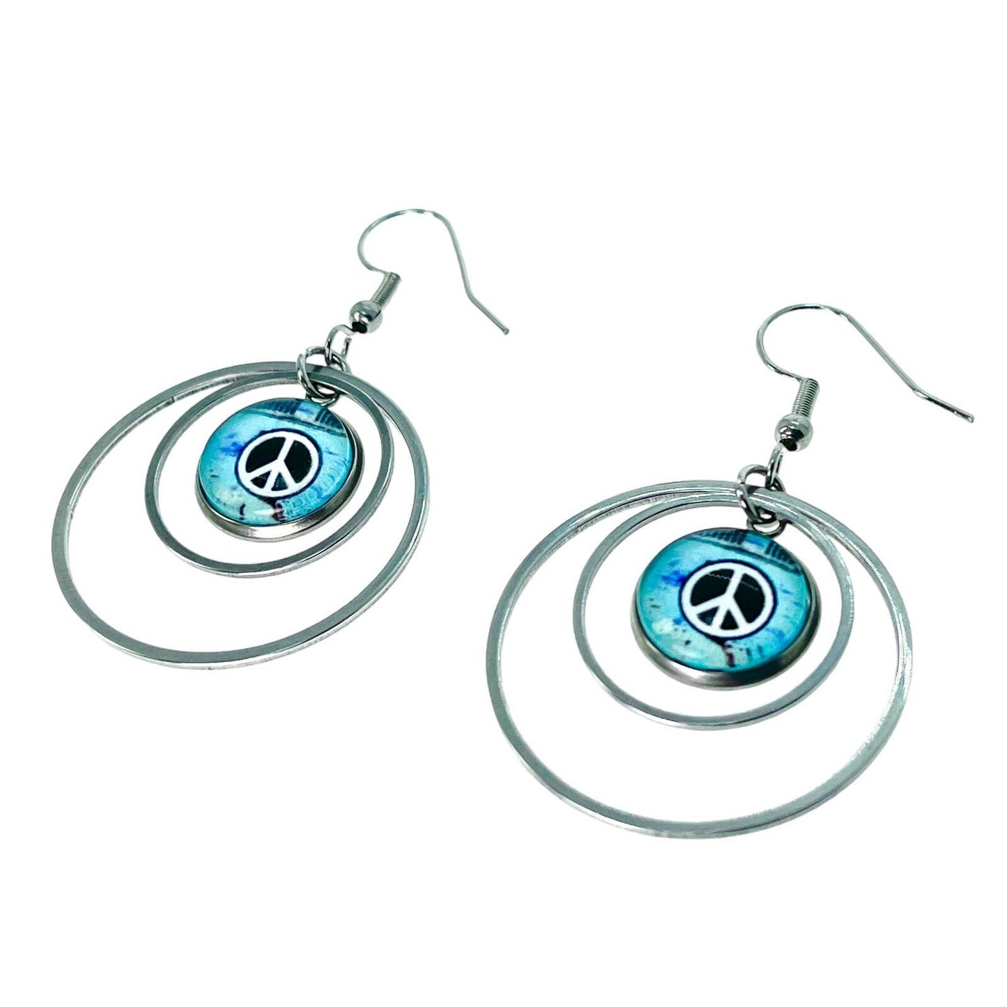 Pure Peace Double Hoop Earrings, Boho Hippie Jewelry, Bohemian Round Drop Dangles, Festival Wear, Blue Accessory, Peace Sign Hoops