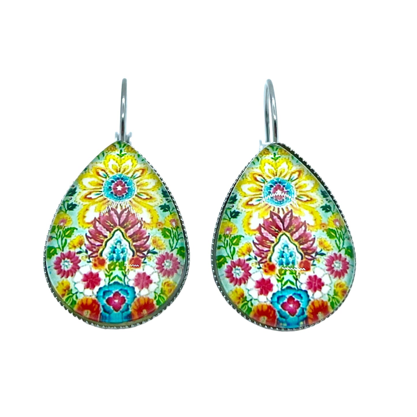 Sun Goddess Teardrop Lever-back Earrings, Boho Hippie Jewelry, Psychedelic Bohemian Accessory, Yellow Floral Mandala Gypsy Girl Ear Charms,