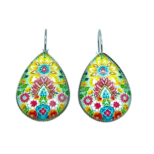 Sun Goddess Teardrop Lever-back Earrings, Boho Hippie Jewelry, Psychedelic Bohemian Accessory, Yellow Floral Mandala Gypsy Girl Ear Charms,
