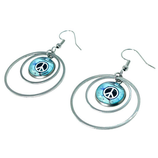 Pure Peace Double Hoop Earrings, Boho Hippie Jewelry, Bohemian Round Drop Dangles, Festival Wear, Blue Accessory, Peace Sign Hoops