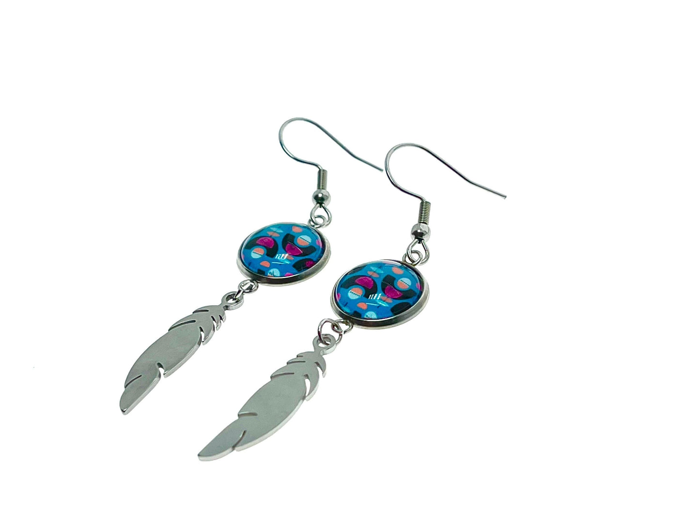 Blue Moon Child Feather Earrings, Bohemian Drop Dangle Accessory, Small Photo Glass Cabochon Charm, Womens Jewelry, Boho Love Obsession