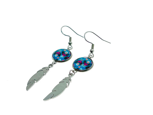 Blue Moon Child Feather Earrings, Bohemian Drop Dangle Accessory, Small Photo Glass Cabochon Charm, Womens Jewelry, Boho Love Obsession