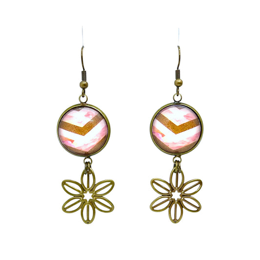 Olive & Pink Chevron Dangles, Bronze Striped Flower Art Glass Jewelry, Boho Hippie Dangles, Bohemian Jewelry, 1960s Festival Wear, Gypsy