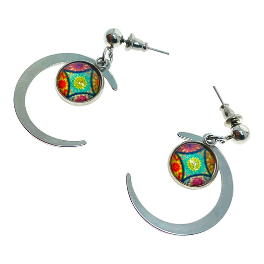 Rainbow Teal Crescent Moon Earrings, Celestial Magical Mystical Night Sky Dangles, Stainless Steel Boho Hippie Pair