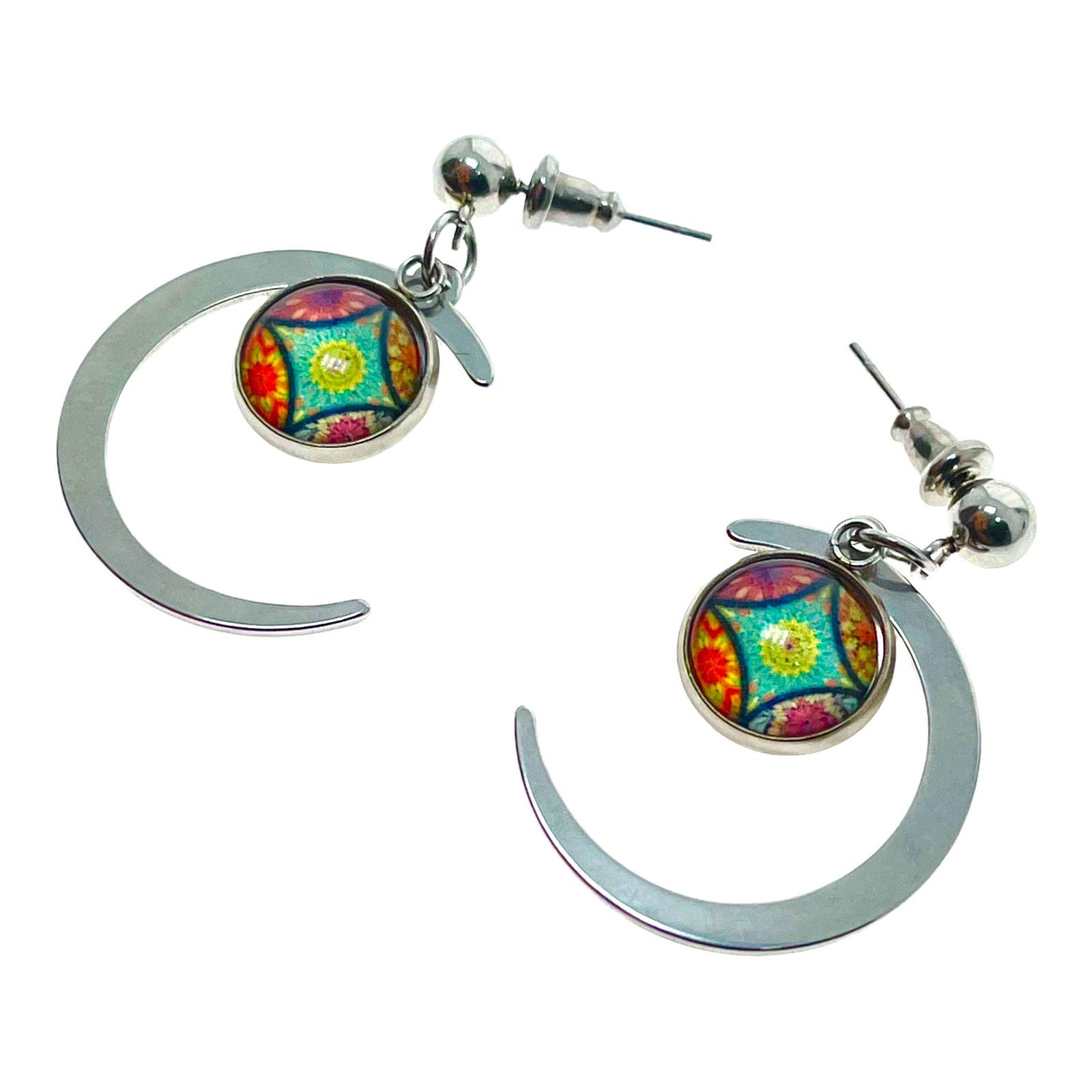Rainbow Teal Crescent Moon Earrings, Celestial Magical Mystical Night Sky Dangles, Stainless Steel Boho Hippie Pair