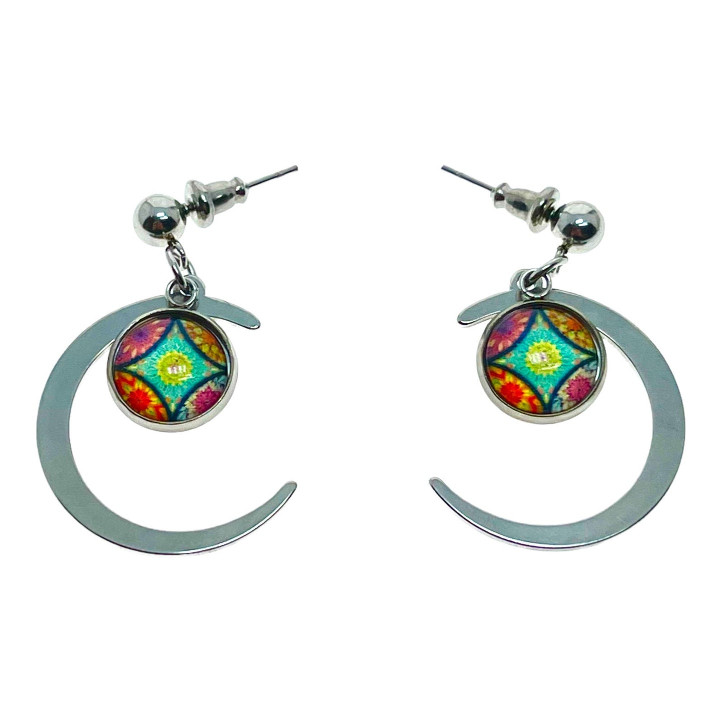 Rainbow Teal Crescent Moon Earrings, Celestial Magical Mystical Night Sky Dangles, Stainless Steel Boho Hippie Pair