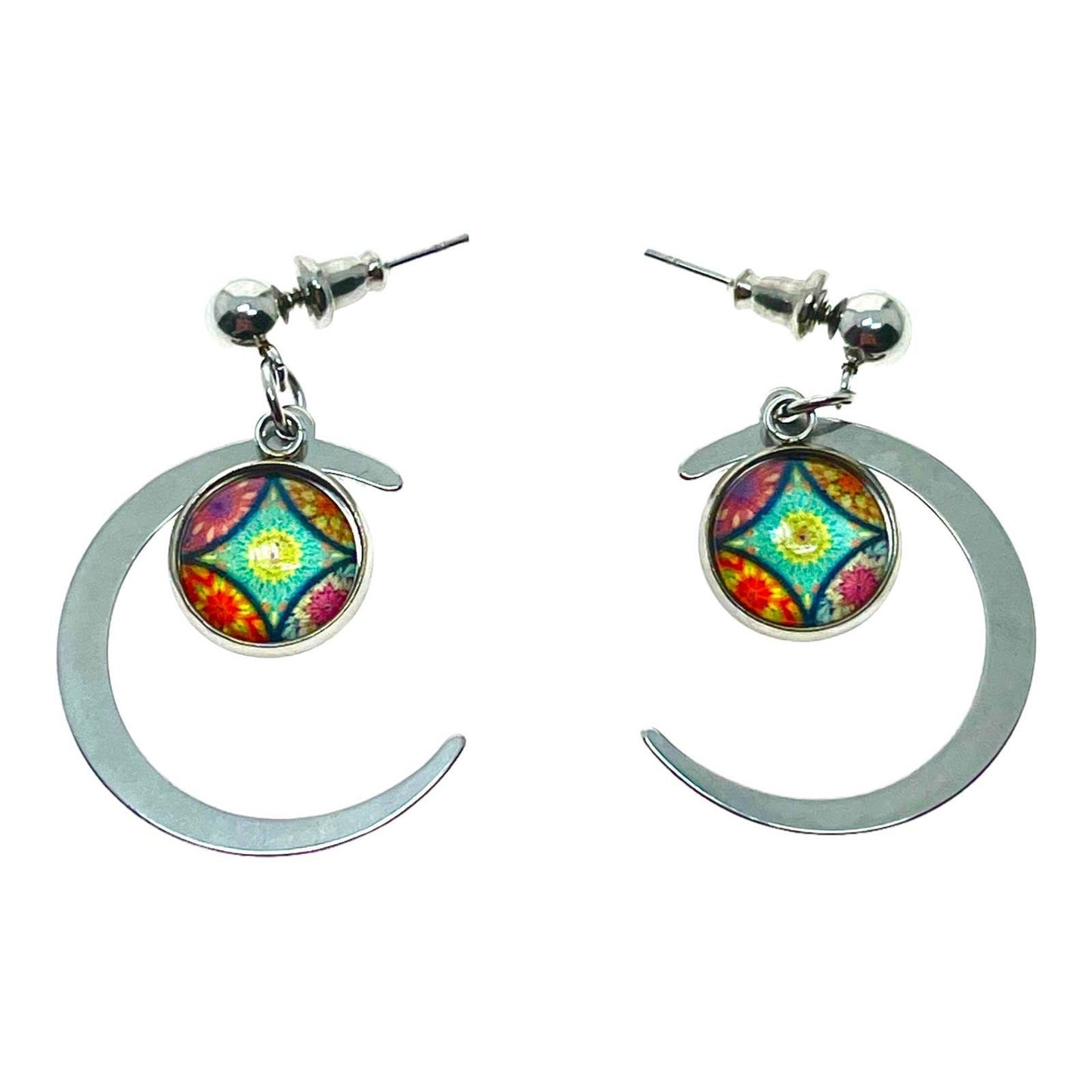 Rainbow Teal Crescent Moon Earrings, Celestial Magical Mystical Night Sky Dangles, Stainless Steel Boho Hippie Pair