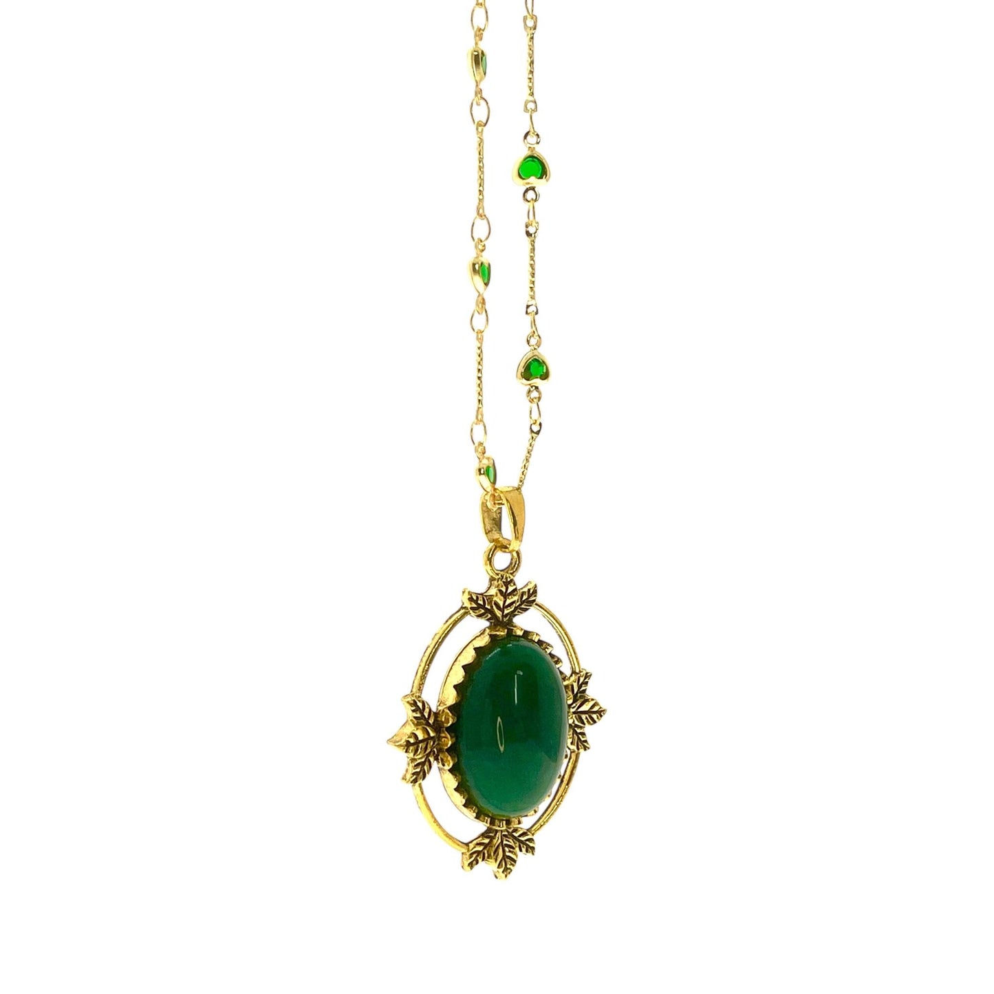 Enchanted Forest Amulet, Antique Victorian Gothic Pendant, Emerald Green Stone, Vintage Dark Romantic Jewelry, Gold Heart Fancy Necklace