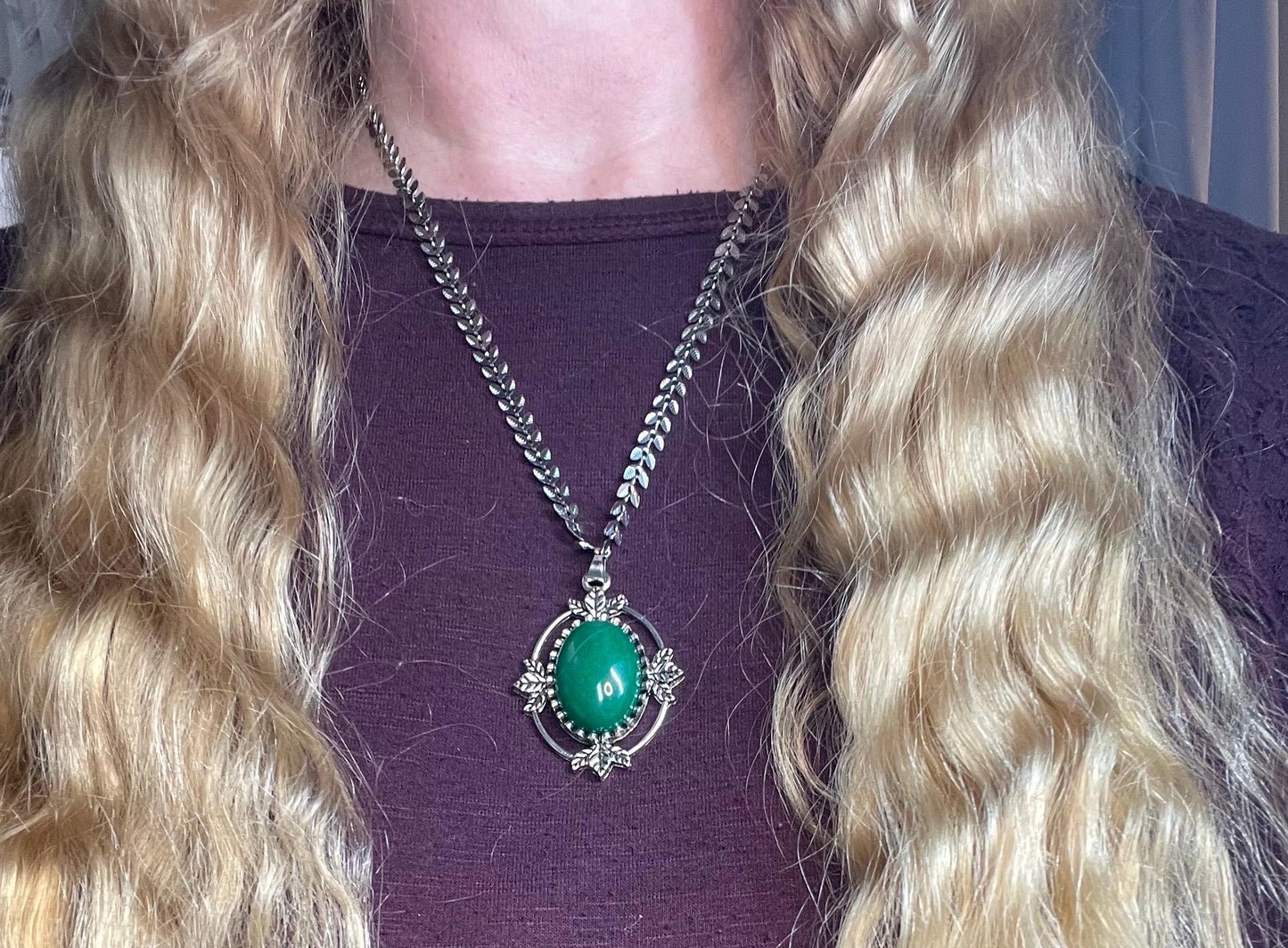 Greenleaf Fairy Amulet, Antique Victorian Gothic Pendant, Emerald Green Stone, Vintage Dark Romantic Jewelry, Witchy Magic Fancy Necklace