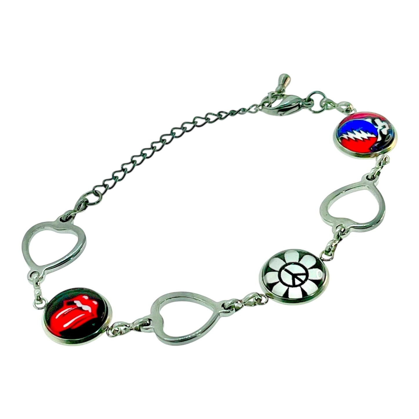 Grateful Dead Rolling Stones-Inspired Peace Sign Bracelet, Steal Your Face Jewelry, Mick Jagger, Wristlet, Classic Rock Bangle, Deadhead