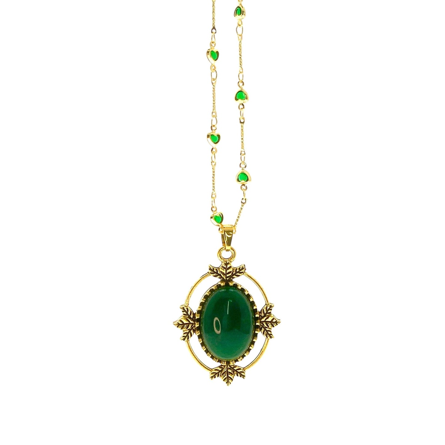 Enchanted Forest Amulet, Antique Victorian Gothic Pendant, Emerald Green Stone, Vintage Dark Romantic Jewelry, Gold Heart Fancy Necklace