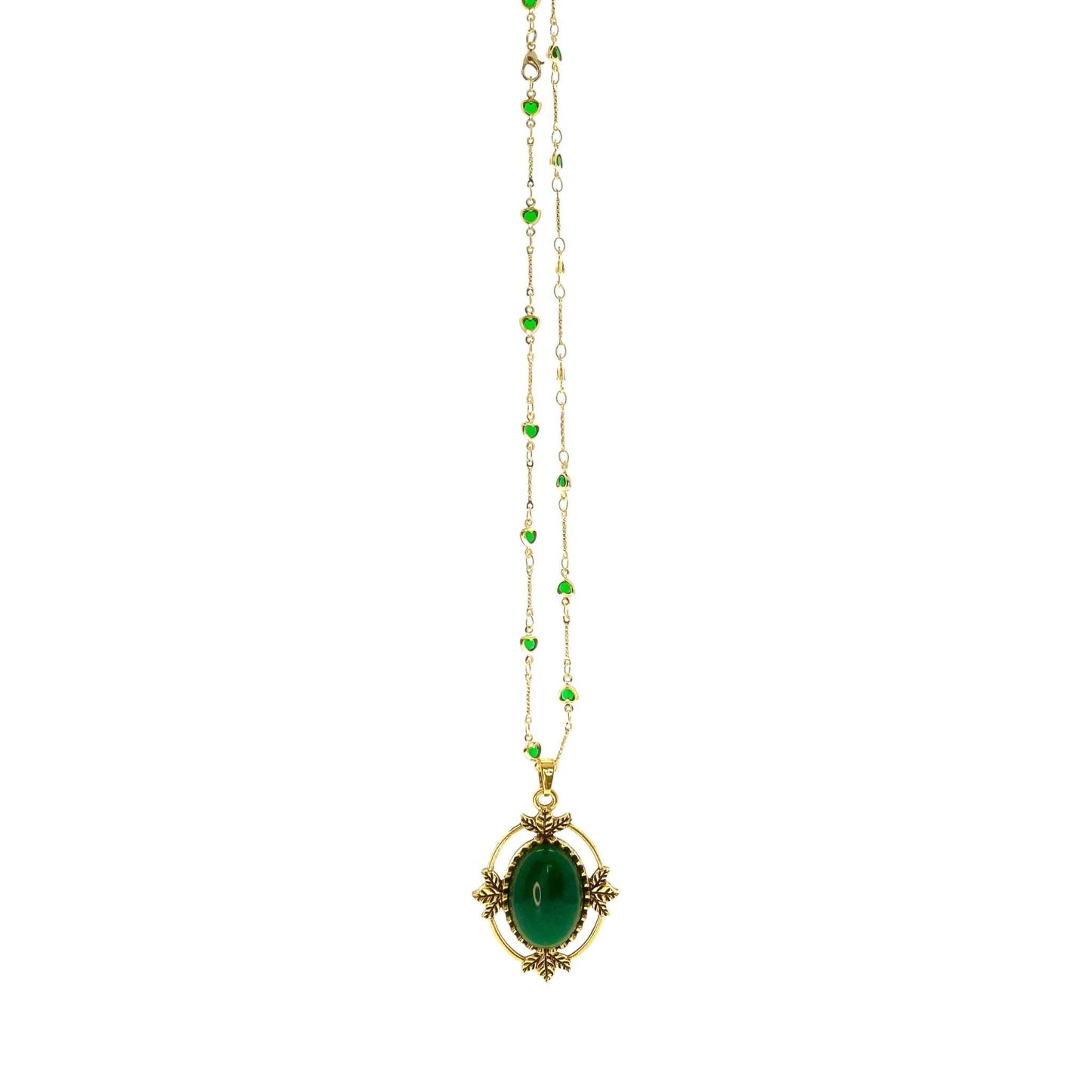 Enchanted Forest Amulet, Antique Victorian Gothic Pendant, Emerald Green Stone, Vintage Dark Romantic Jewelry, Gold Heart Fancy Necklace