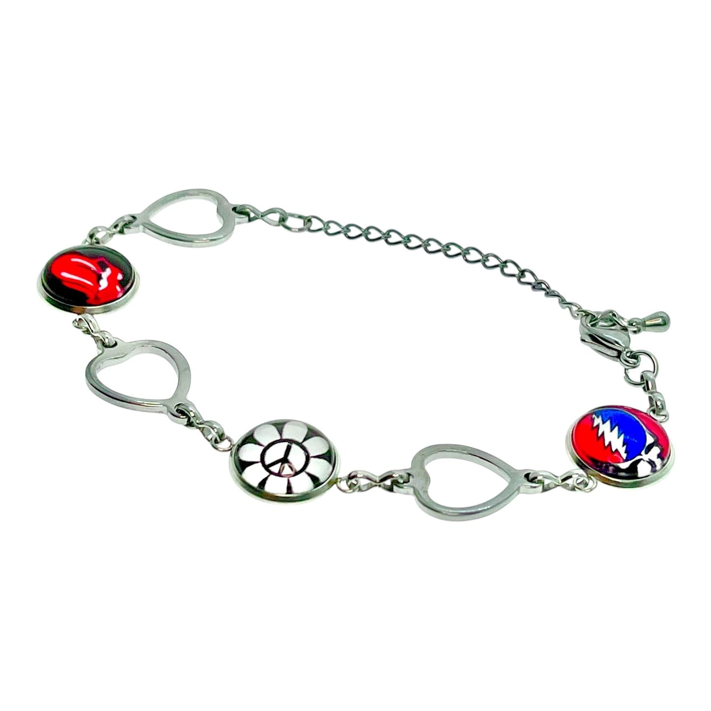 Grateful Dead Rolling Stones-Inspired Peace Sign Bracelet, Steal Your Face Jewelry, Mick Jagger, Wristlet, Classic Rock Bangle, Deadhead