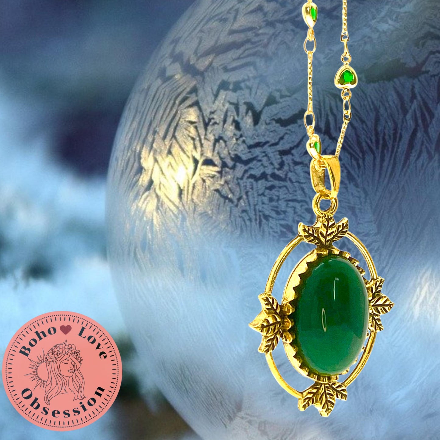 Enchanted Forest Amulet, Antique Victorian Gothic Pendant, Emerald Green Stone, Vintage Dark Romantic Jewelry, Gold Heart Fancy Necklace