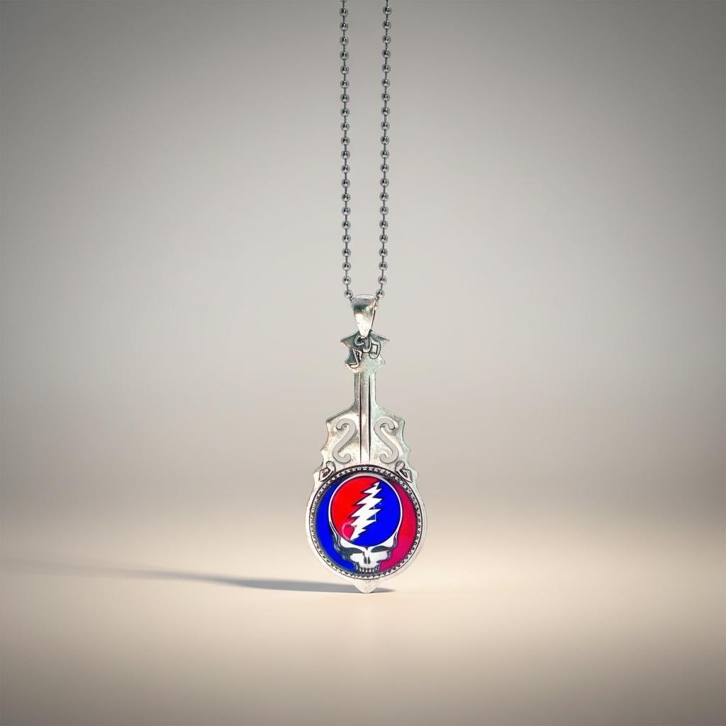 Grateful Dead-Inspired Guitar Necklace, Steal Your Face Pendant, Music Jerry Garcia Jewelry, Deadhead Bears Accessory, Psychedelic Rock