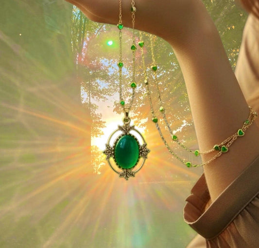 Enchanted Forest Amulet, Antique Victorian Gothic Pendant, Emerald Green Stone, Vintage Dark Romantic Jewelry, Gold Heart Fancy Necklace