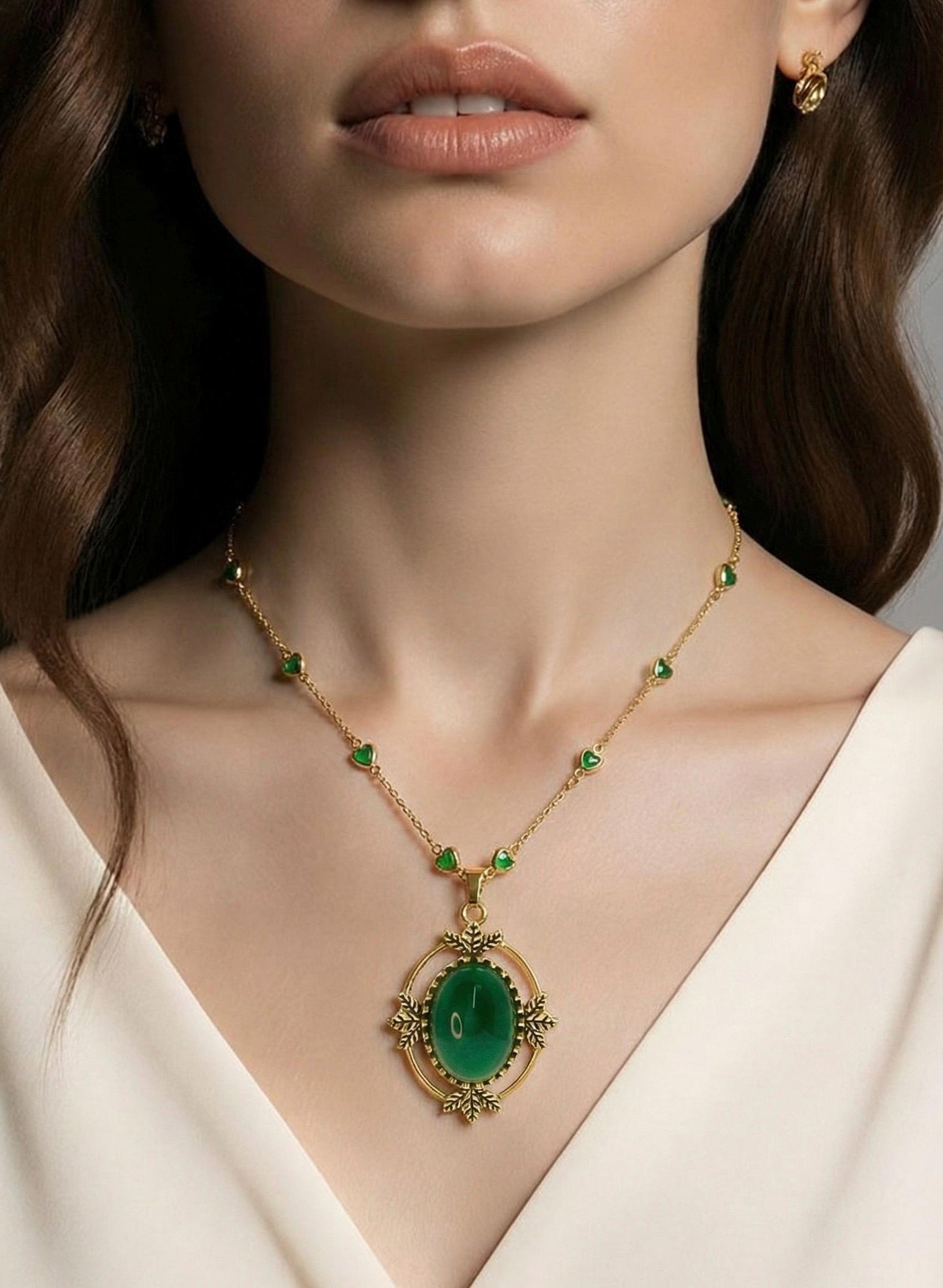 Enchanted Forest Amulet, Antique Victorian Gothic Pendant, Emerald Green Stone, Vintage Dark Romantic Jewelry, Gold Heart Fancy Necklace