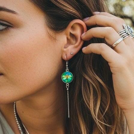 Emerald Dragonfly Chain Dangler Earrings, Bohemian Hippie Earrings, Nature Accessory, Boho Statement Pair, Green Ear Tassels