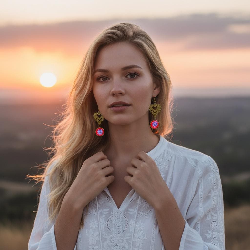Cherry Red Fancy Heart Dangles, Bronze Bohemian Earrings, Boho Chic, Unique Hippie Jewelry, Vintage Charm Earring, BohoLoveObsession