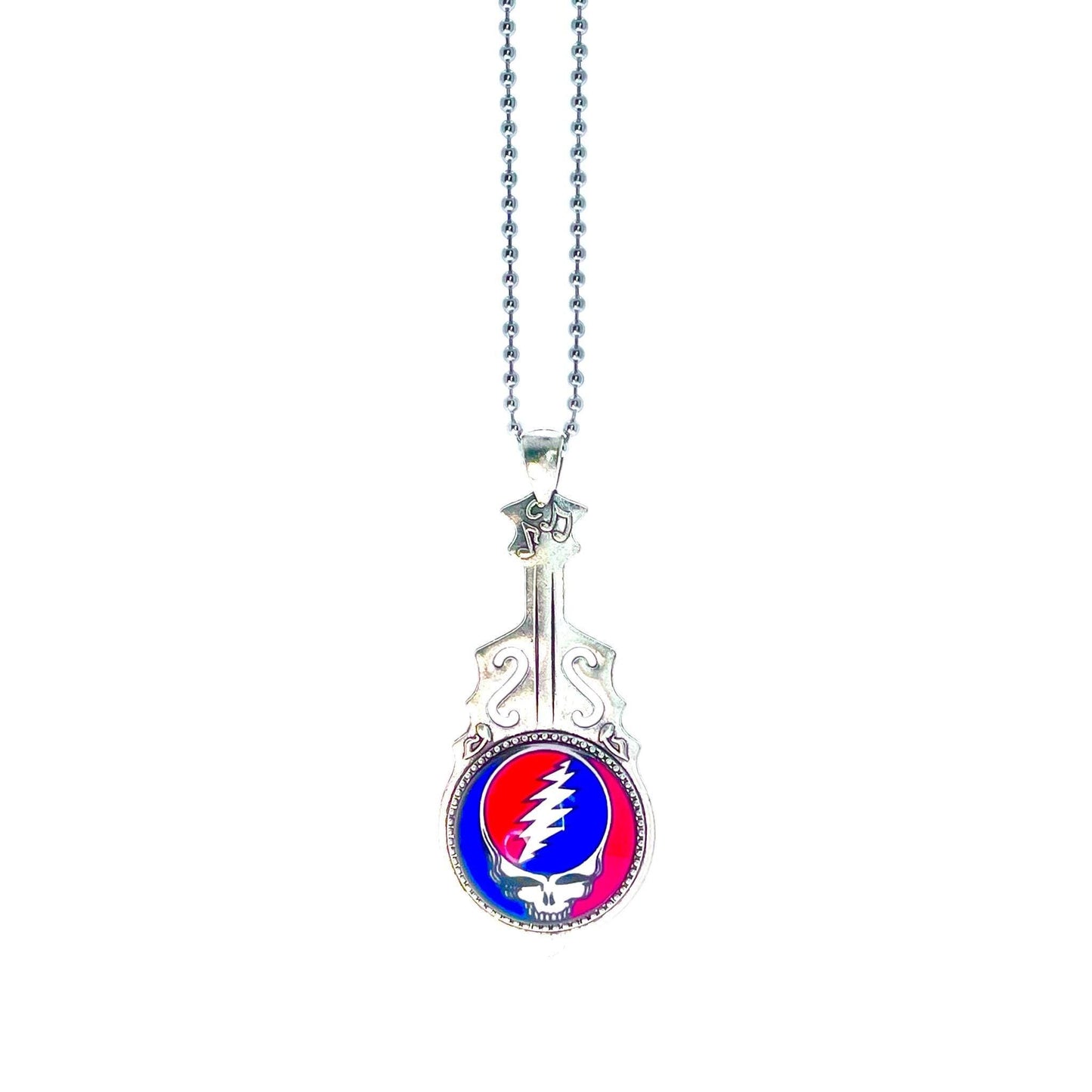 Grateful Dead-Inspired Guitar Necklace, Steal Your Face Pendant, Music Jerry Garcia Jewelry, Deadhead Bears Accessory, Psychedelic Rock