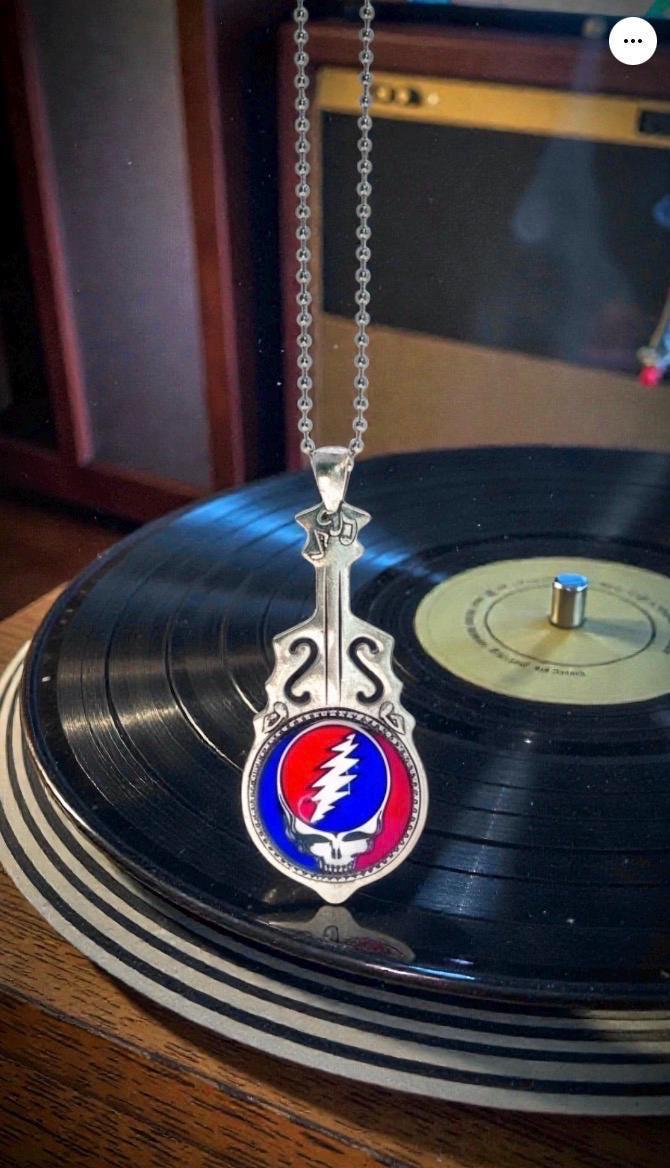 Grateful Dead-Inspired Guitar Necklace, Steal Your Face Pendant, Music Jerry Garcia Jewelry, Deadhead Bears Accessory, Psychedelic Rock