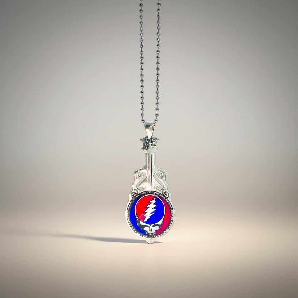 Grateful Dead-Inspired Guitar Necklace, Steal Your Face Pendant, Music Jerry Garcia Jewelry, Deadhead Bears Accessory, Psychedelic Rock