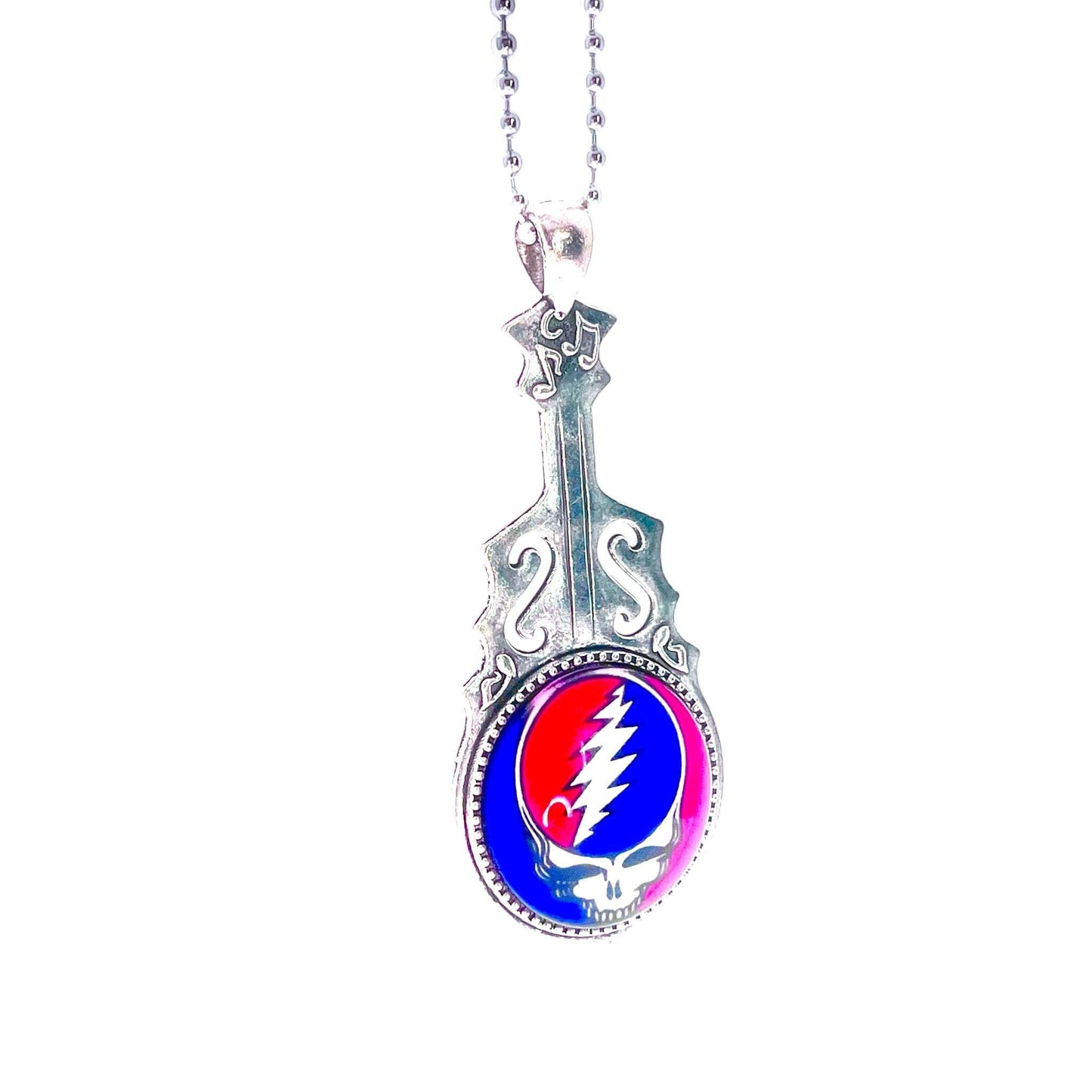 Grateful Dead-Inspired Guitar Necklace, Steal Your Face Pendant, Music Jerry Garcia Jewelry, Deadhead Bears Accessory, Psychedelic Rock