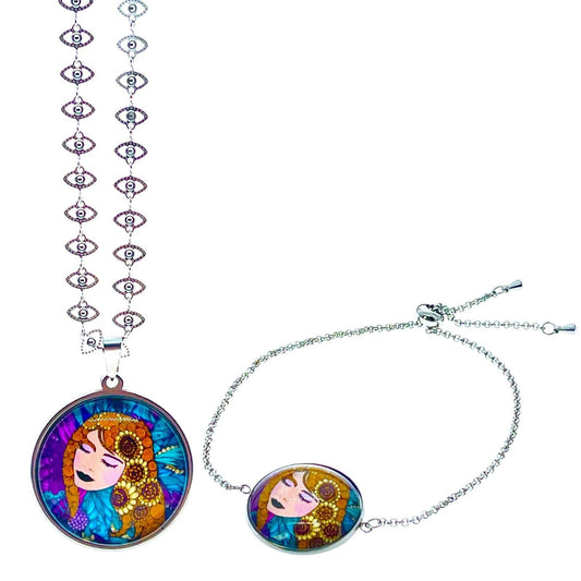Gypsy Goddess Jewelry Set, Boho Necklace, Bohemian Slider Bracelet, Hippie Accessory Pair, Statement Set