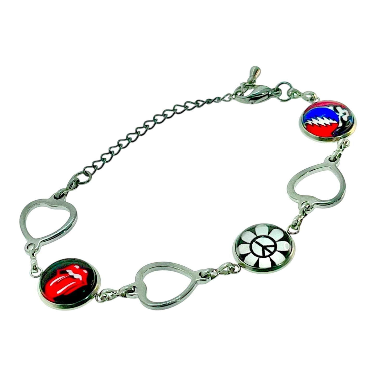 Grateful Dead Rolling Stones-Inspired Peace Sign Bracelet, Steal Your Face Jewelry, Mick Jagger, Wristlet, Classic Rock Bangle, Deadhead