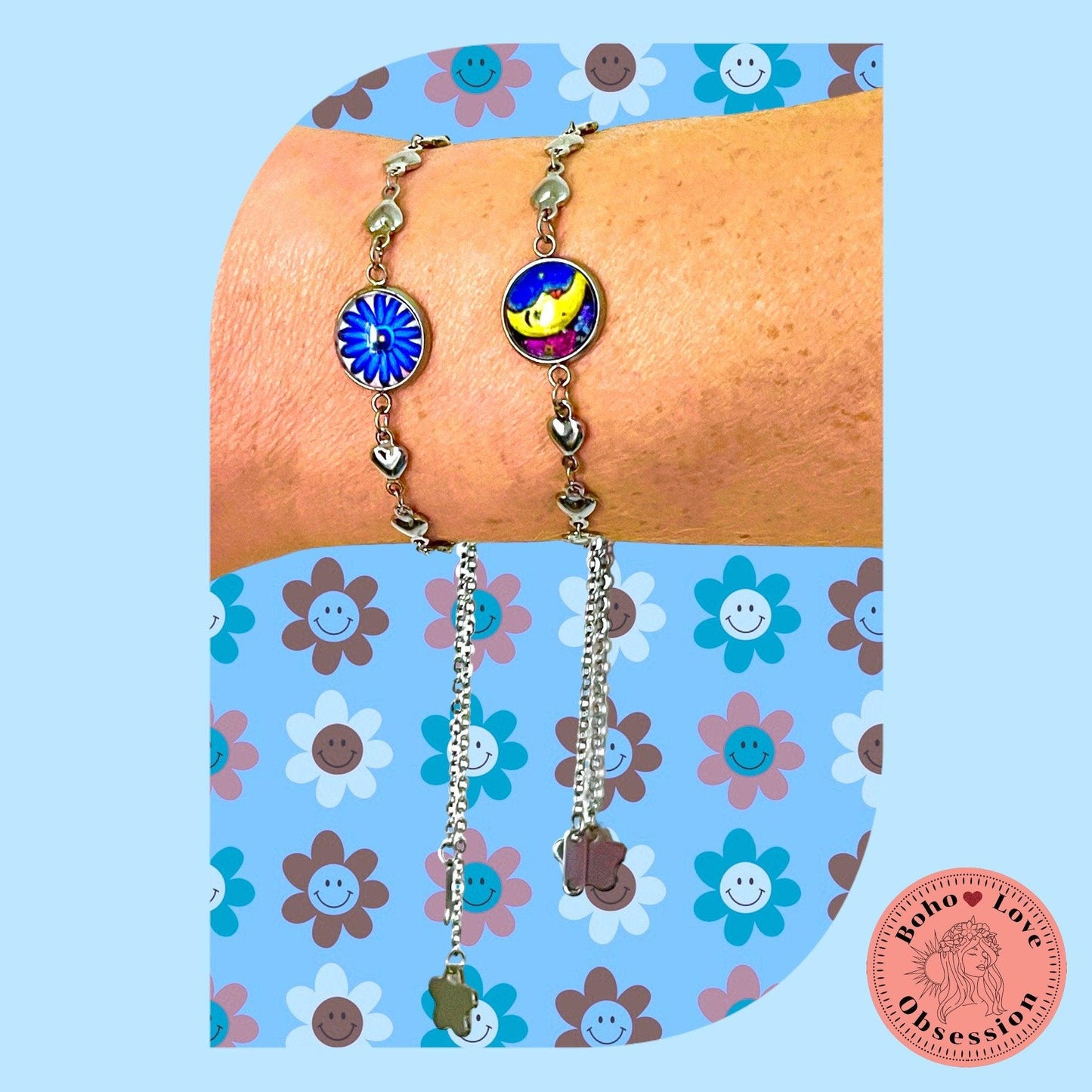Grateful Dead Rolling Stones-Inspired Peace Sign Bracelet, Steal Your Face Jewelry, Mick Jagger, Wristlet, Classic Rock Bangle, Deadhead