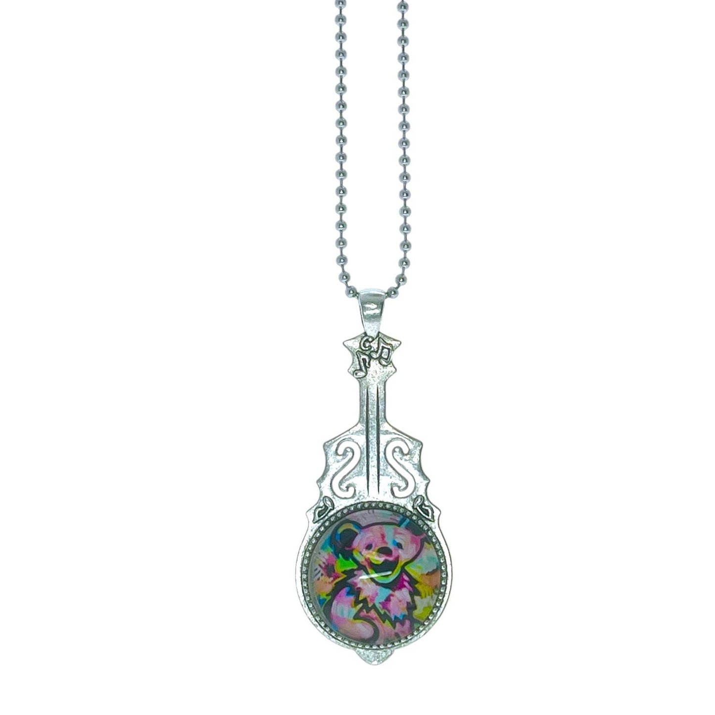 Colorful Dancing Bear Guitar Necklace Grateful Dead Inspired, Jerry Garcia Pendant, Deadhead Festival Wear, Psychedelic Rock Music Jewelry